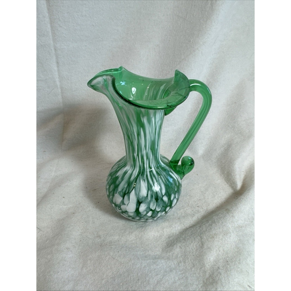 Hand Blown Green Glass White Stretched Splatter 4.5" Pitcher Mini‎ Flower Vase